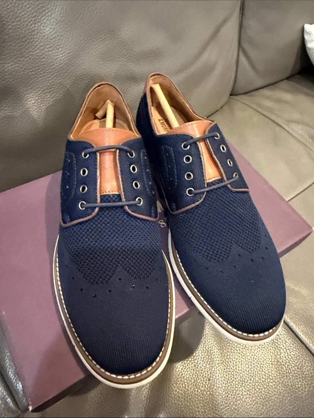 Johnston & Murphy Navy Knit Oxfords with Tan Trim
